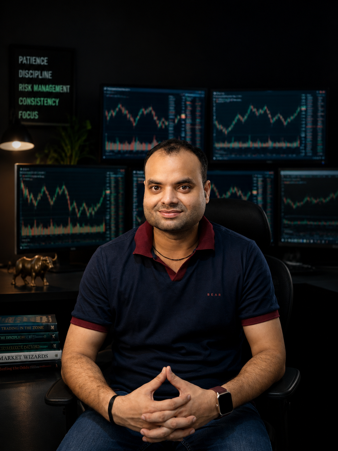 Khemendra, trading educator, at his desk with market charts on screen